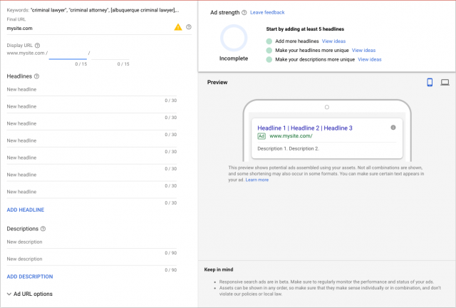Google's responsive search ads interface