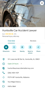 GBP screenshot of the Huntsville Car Accident Lawyer profile